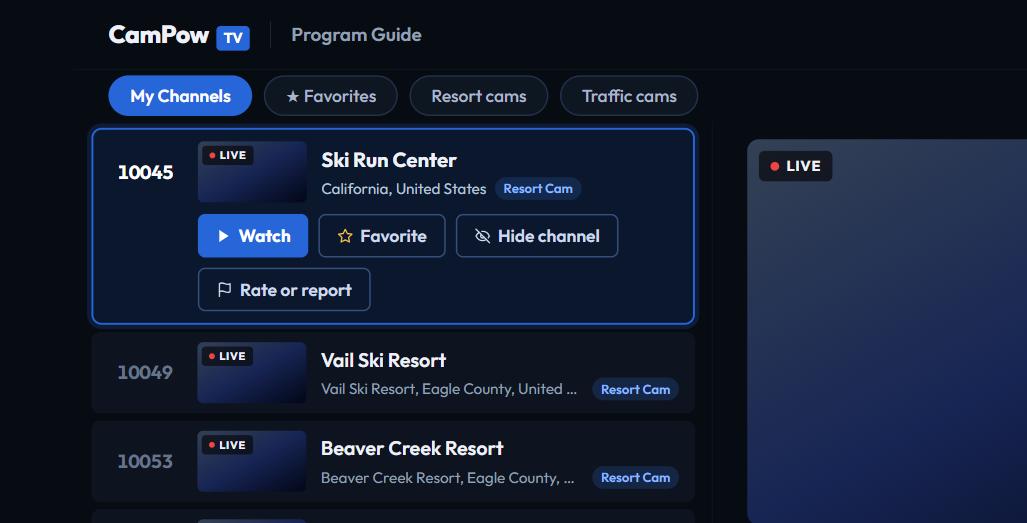 The CamPow Program Guide, showing channel 10045 (Ski Run Center, California) selected with Watch, Favorite, Hide channel and Rate or report actions, and channels 10049 (Vail Ski Resort) and 10053 (Beaver Creek Resort) below it, each marked Live.
